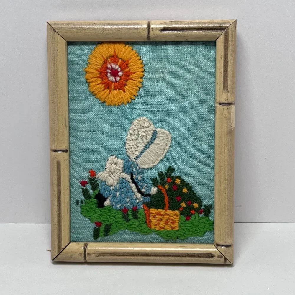 Framed Completed Crewel Holly Hobbie 1970's Girl with‎ Basket in Garden Sunshine